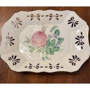 Lenox Porcelain Pierced Plate Rose Floral Design – Vintage Decorative Tray USA